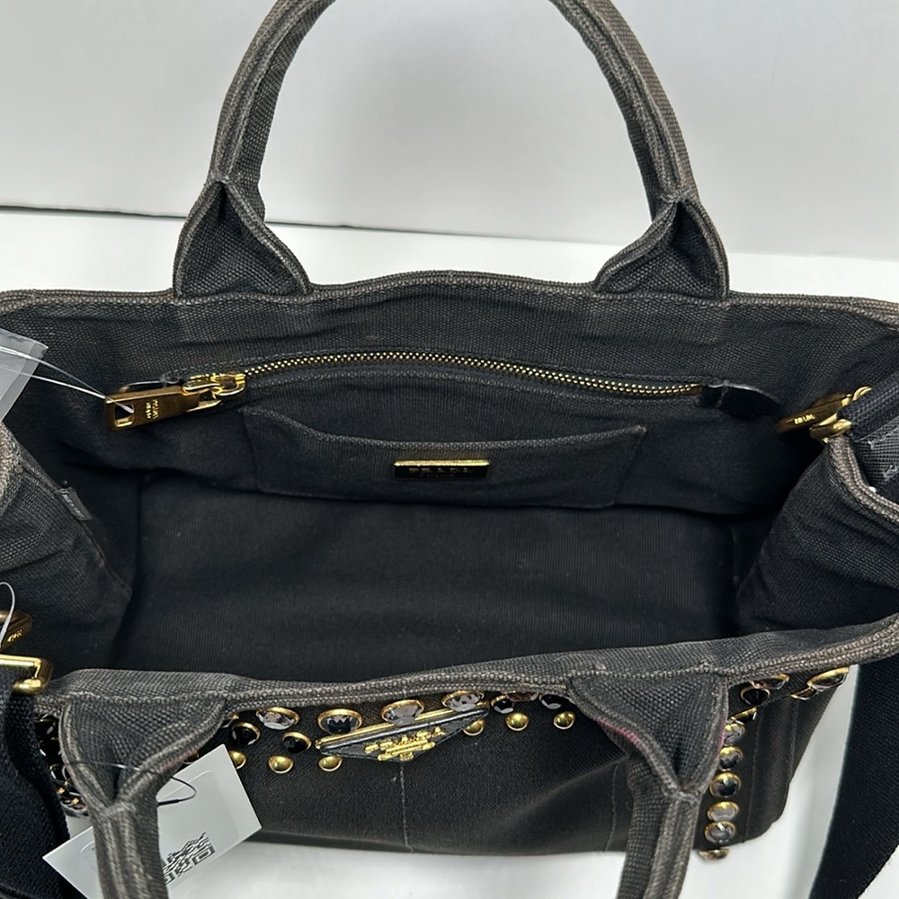 Authentic PRADA Canapa Bijoux Denim Tote/Crossbody- Black - Picture 11 of 17